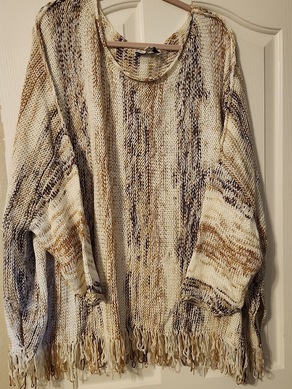 Laurie Felt Cream and Brown Marled Fringe Knit Poncho Sweater